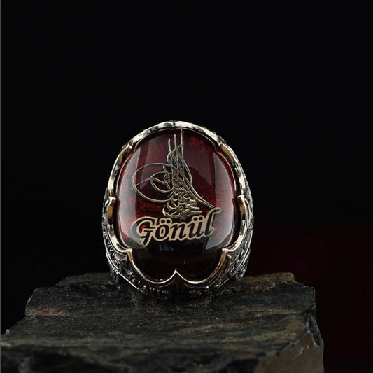 Red Fire Amber Ring 925 Silver OttomanTughra Gonul Men Handcrafted