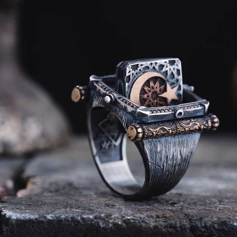 Ottoman Seal Ring 925 Silver Moon Star Signet Handmade