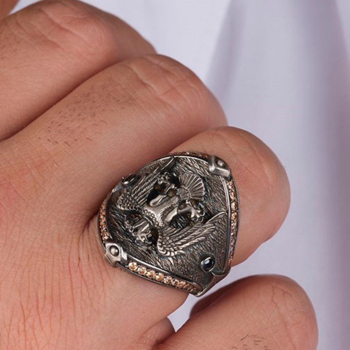 Double-Headed Eagle Ring – Citrine Stone 925 Silver | Men's Ring