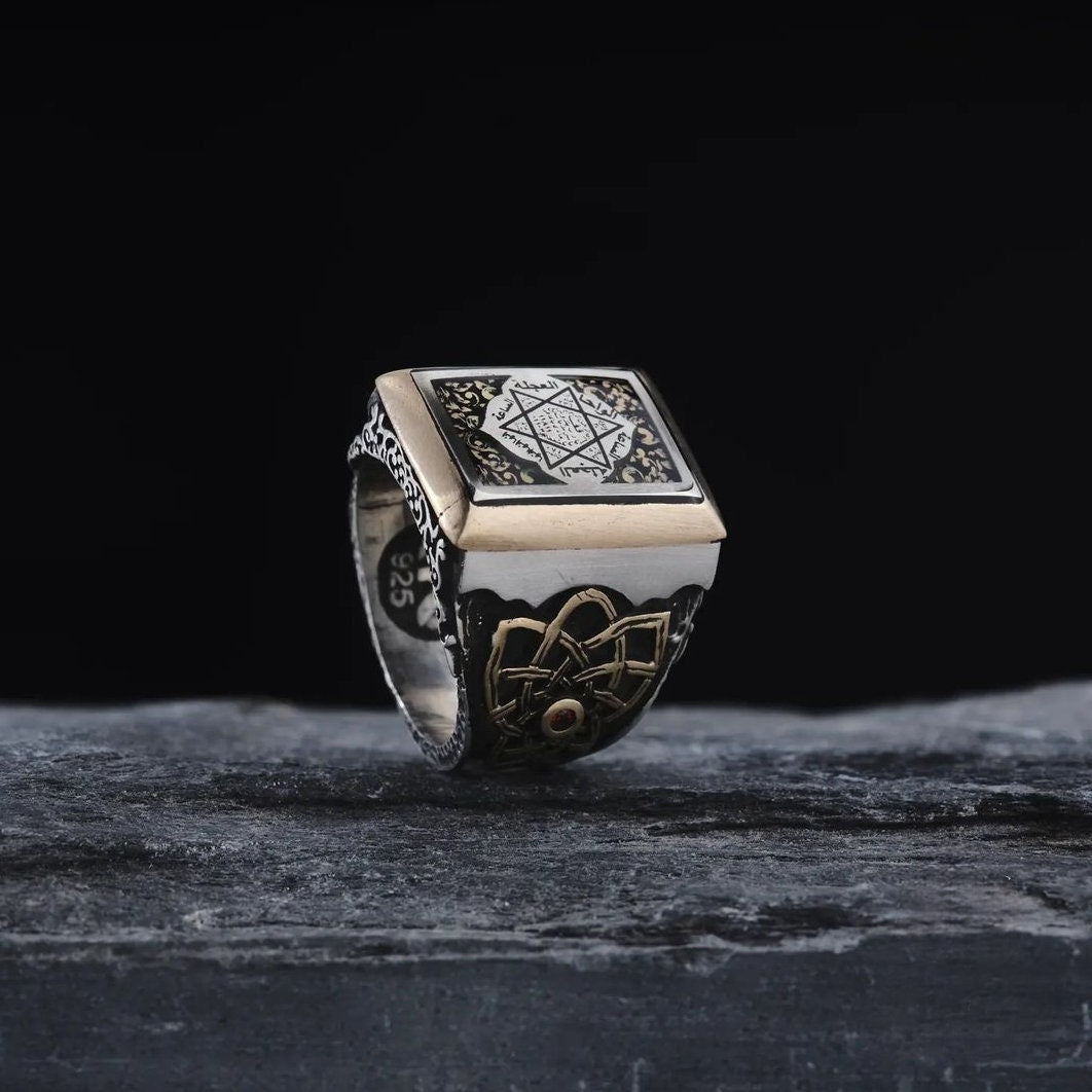 Ring mit Salomonssiegel aus 925er Silber: Handgefertigter Herren-Talisman-Schmuck