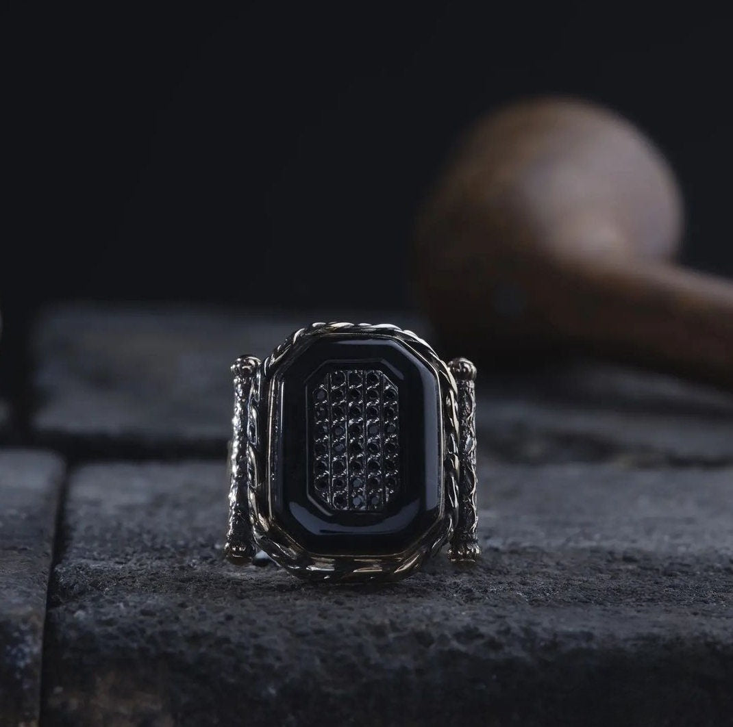 Black Onyx Knitting Pattern Ring 925 Sterling Silver Adjustable Handcrafted