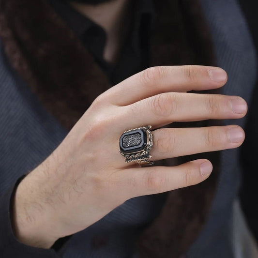 Black Onyx Knitting Pattern Ring 925 Sterling Silver