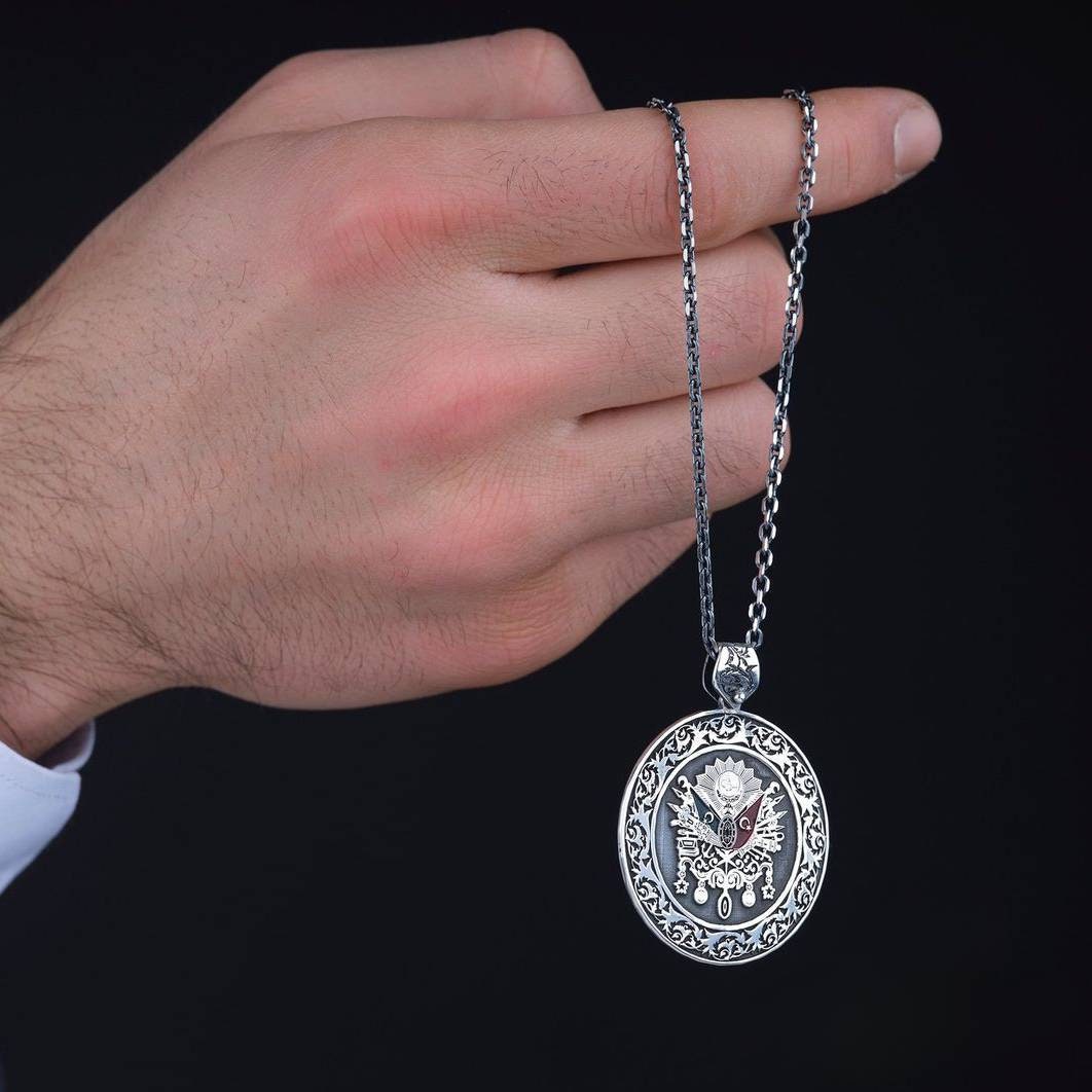 OttomanFlag 925 Sterling Silver Medallion Necklace Engraved Pendant Men's