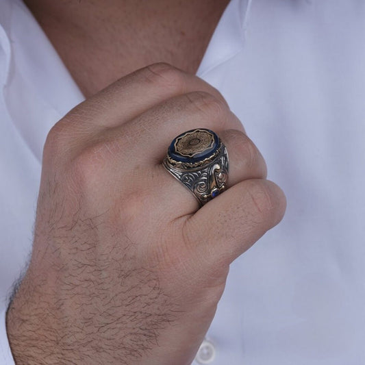 Surah Inshirah Ring 925 Silver Blue Amber Sword Handmade Men
