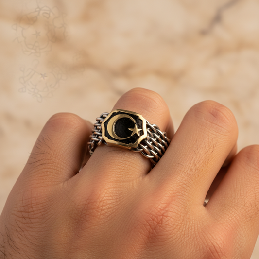 Moon Star Ring 925 Silver Knitted Texture Adjustable Handmade