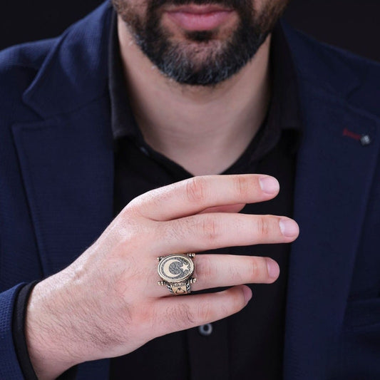 Crescent Star Ring 925 Silver Custom Name Engraved Handmade Men