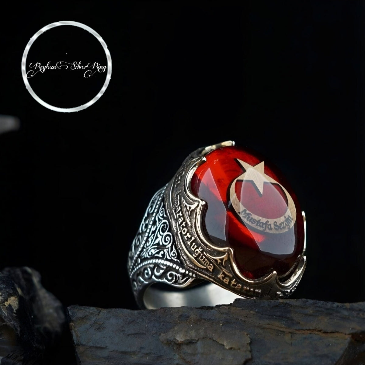 Red Amber Ring 925 Silver Crescent Star Fatih Ottoman Handmade