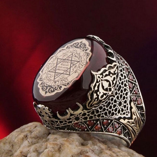 Seal of Solomon Ring 925 Silver Red Amber Seljuk Ottoman Handmade