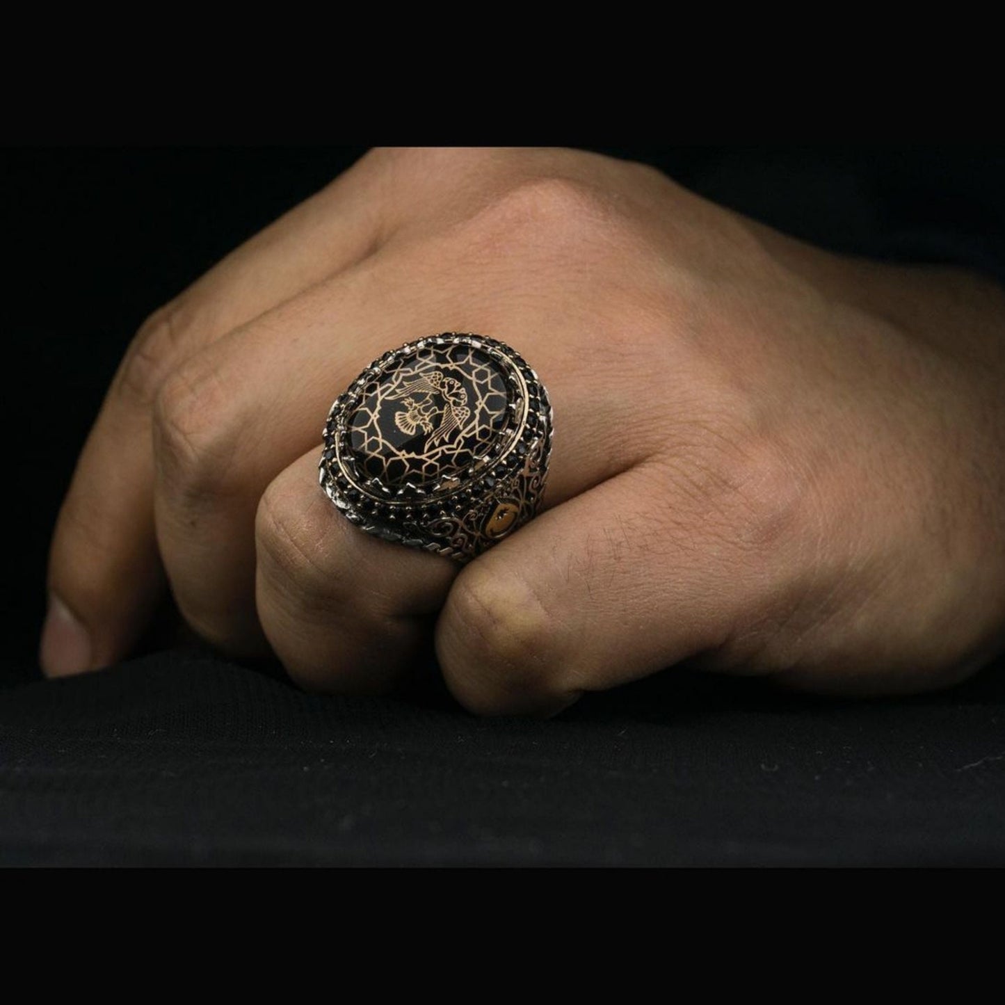 Black Amber OttomanStyle Sterling Silver Men's Ring
