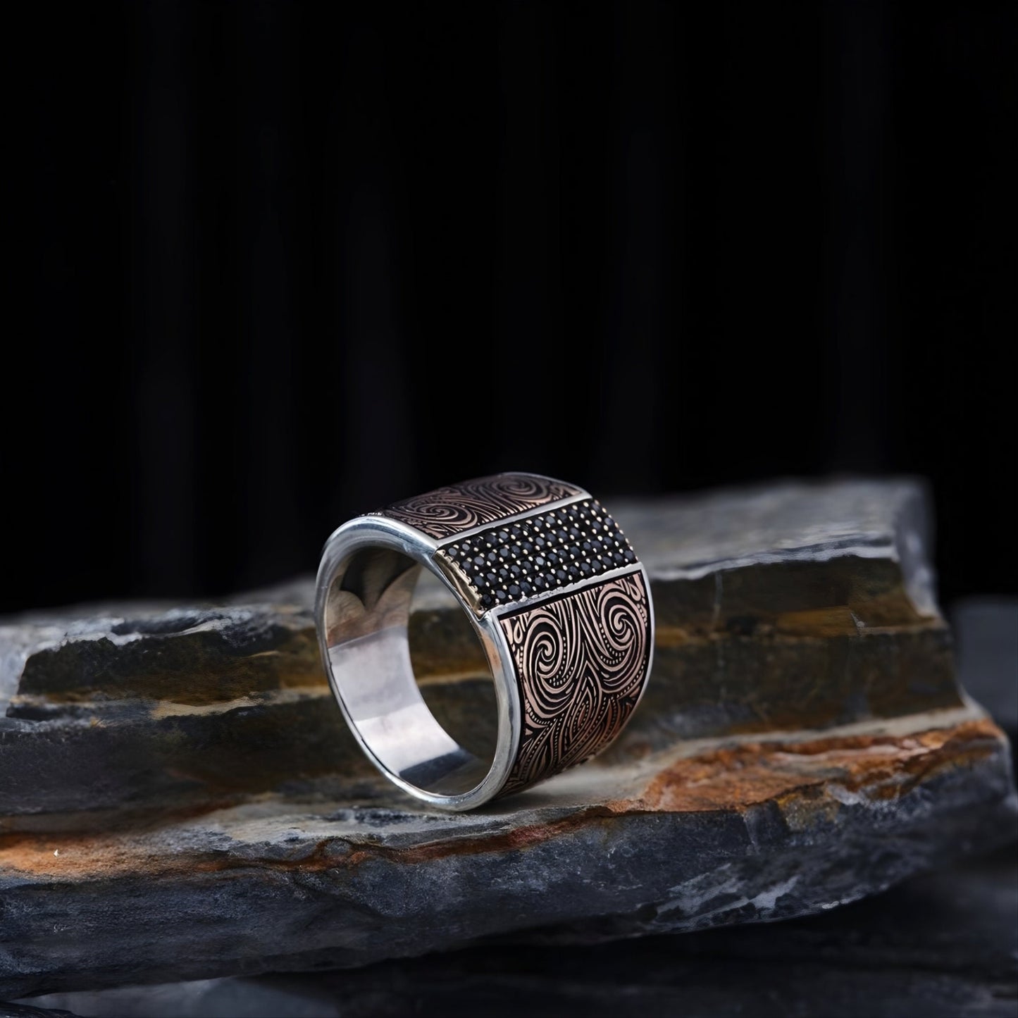 Black Zircon Ring 925 Sterling Silver Adjustable Handmade Men
