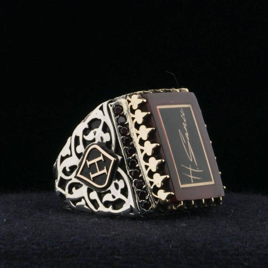 Signature Ring, Your Signature on Fire Amber, Onyx Accents – view 2
