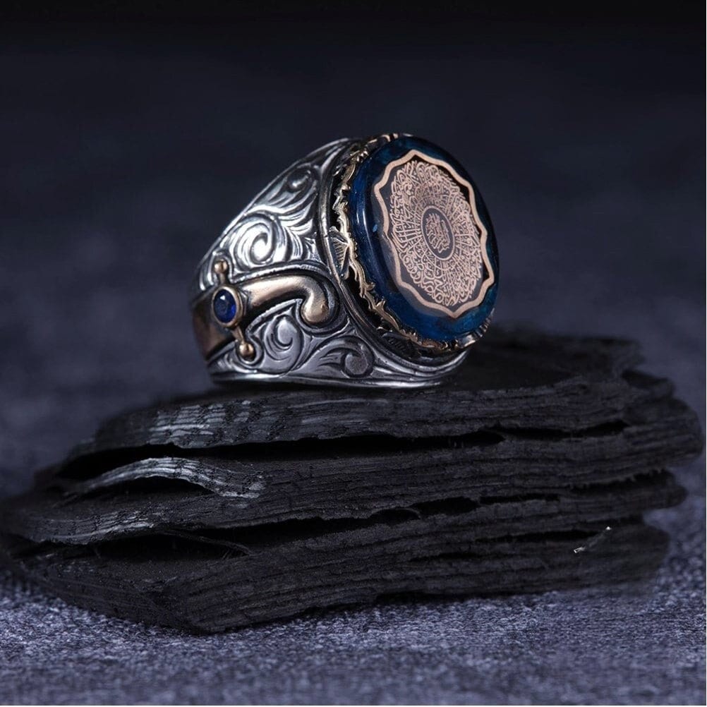 Surah Inshirah Ring 925 Silver Blue Amber Sword Handmade