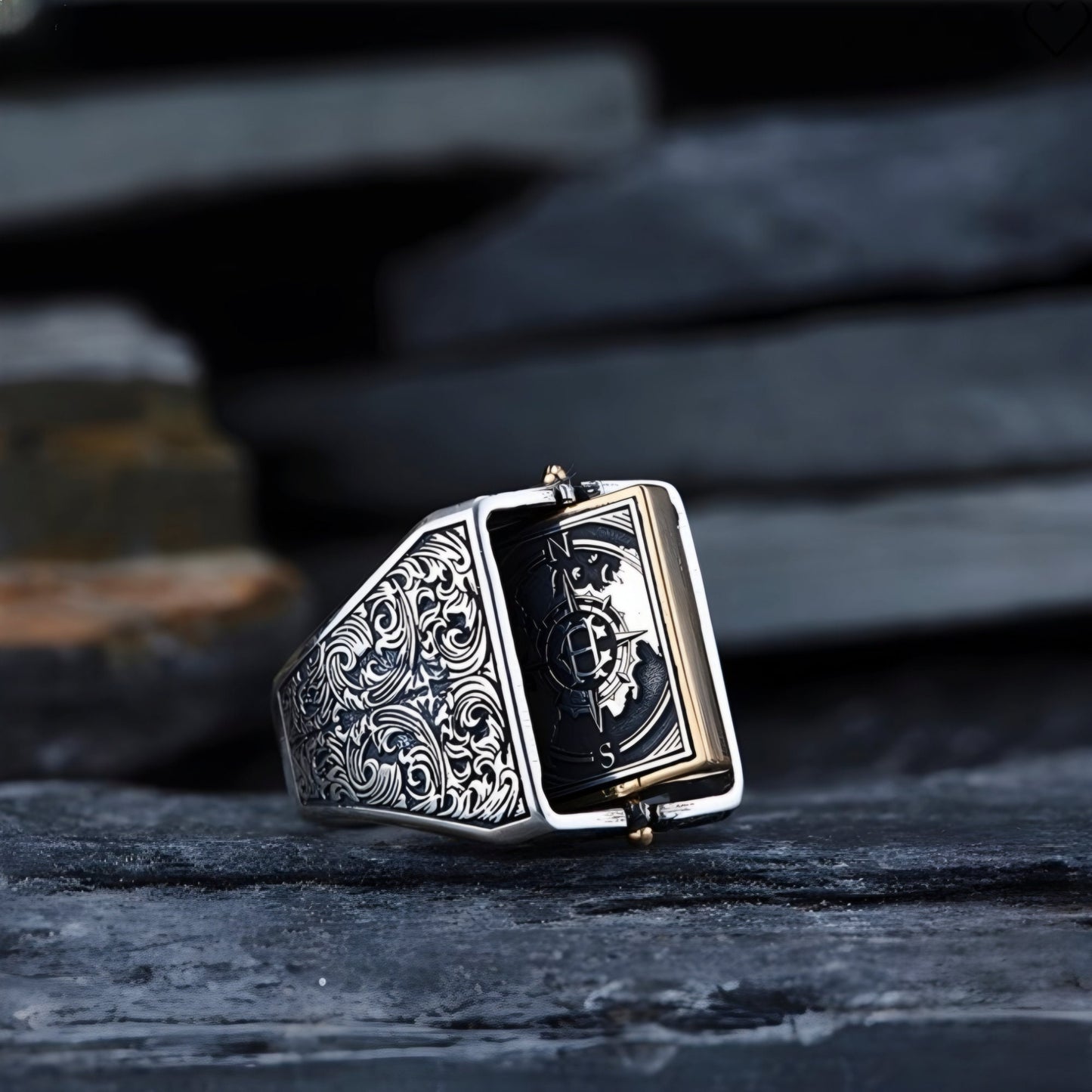Double-Sided Rotating Compass Ring 925 Sterling Silver Custom Names Handcrafted