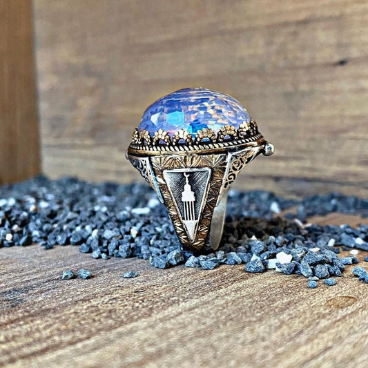 Moonstone Ring 925 Silver Minaret Crescent Star Carved Handmade
