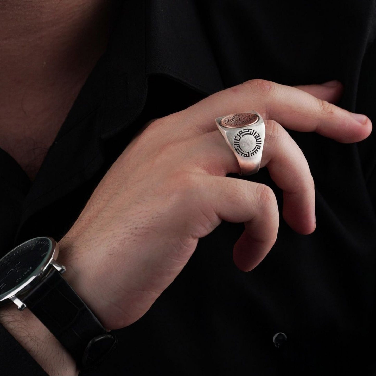 Gewölbter islamischer Ring aus Sterlingsilber: Ayatul Kursi, Basmala, Davidstern