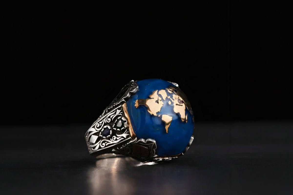Red Apple World Map Ring 925 Silver Four Angels Handmade Men