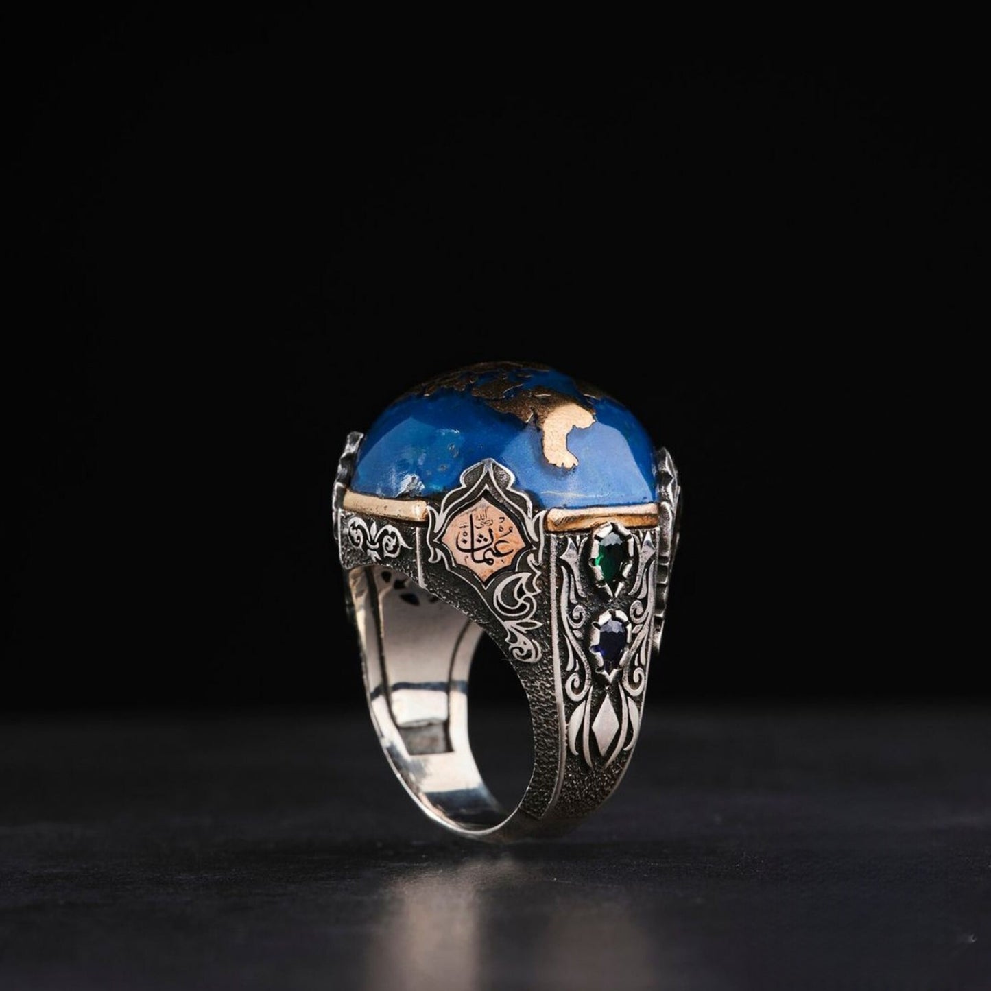 Red Apple World Map Ring 925 Silver Four Angels Handmade Men