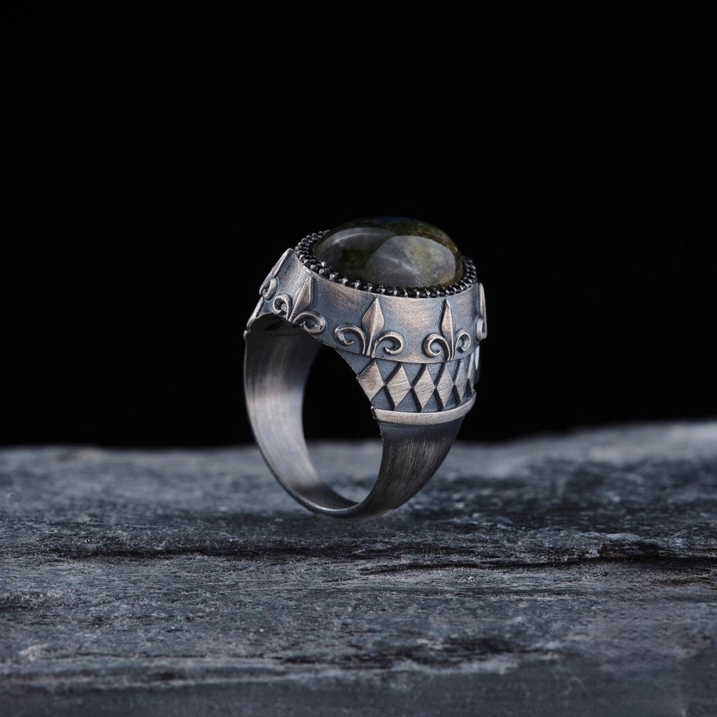 Labradorite Sterling Silver Mens Ring with Zircon