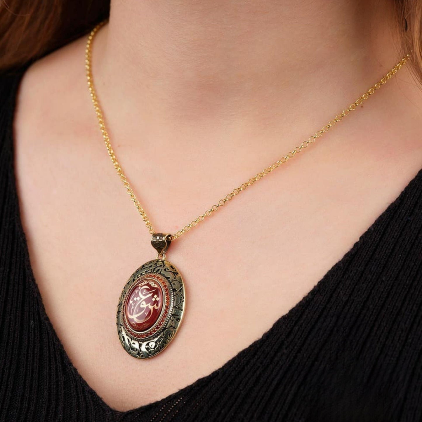Vav Letter Amber Stone Gold-Plated Silver Necklace Red Zircon Love Calligraphy