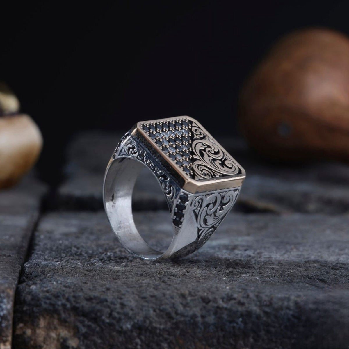 Engraved Men's Silver Ring | Zirconia Stone Accents