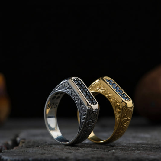Zircon Couple Ring 925 Silver Engraved Handmade Gift