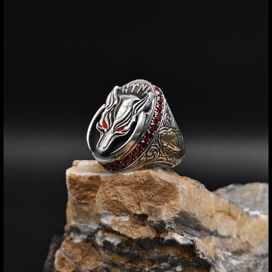 Red-Eyed Wolf Ring – Gökturk Script & Red Zircon | 925 Silver