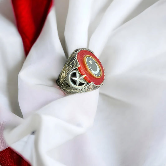 Crescent and star men's ring with red stone – view 2