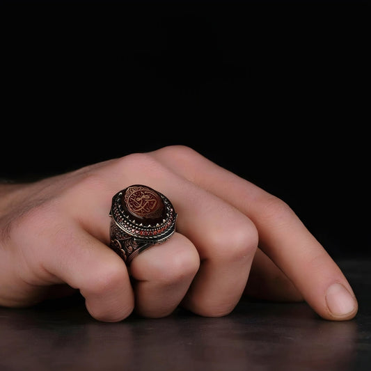 Red Amber Oval Ring 925 Sterling Silver Edep Ya Hu Calligraphy