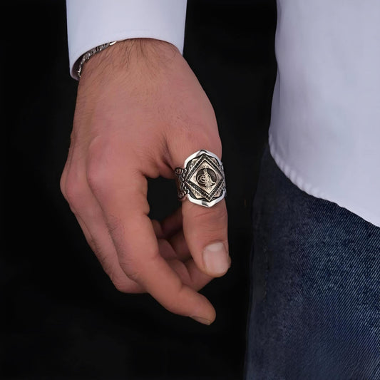Ottoman Tugra Thumb Ring – Black Zircon 925 Silver | Zihgir