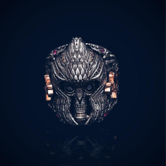 Warrior knight skull ring with colored zircon – view 2