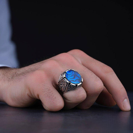 Blue Amber Ring 925 Sterling Silver Men Sea Inspired