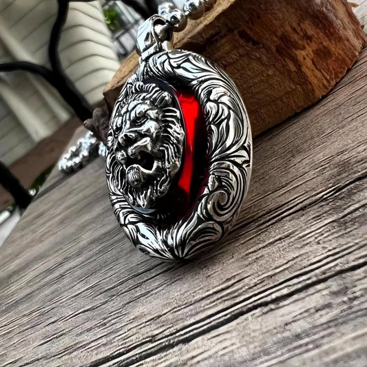 3D Lion Silver Necklace with Red Fire Amber Stone Handmade Gift