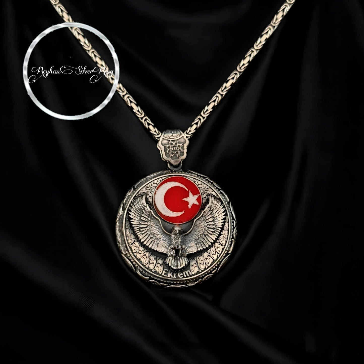 Halskette mit Adlermedaillon aus Sterlingsilber: Türkischer Schmuck mit Mond und Stern, Namensgravur