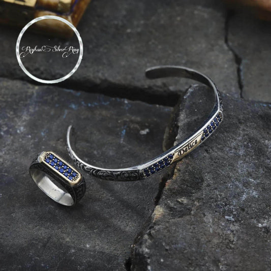 Personalized Silver Bracelet & Ring Set 925 Sterling Silver Blue Zircon Custom Text Engraving