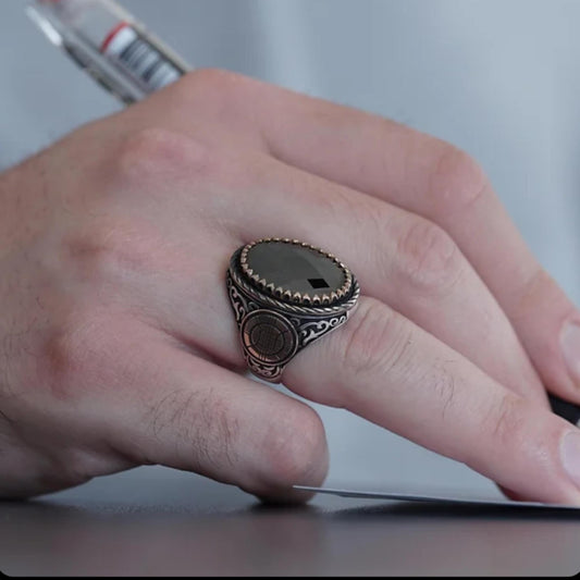 Faceted black onyx ring with bronze details β view 2