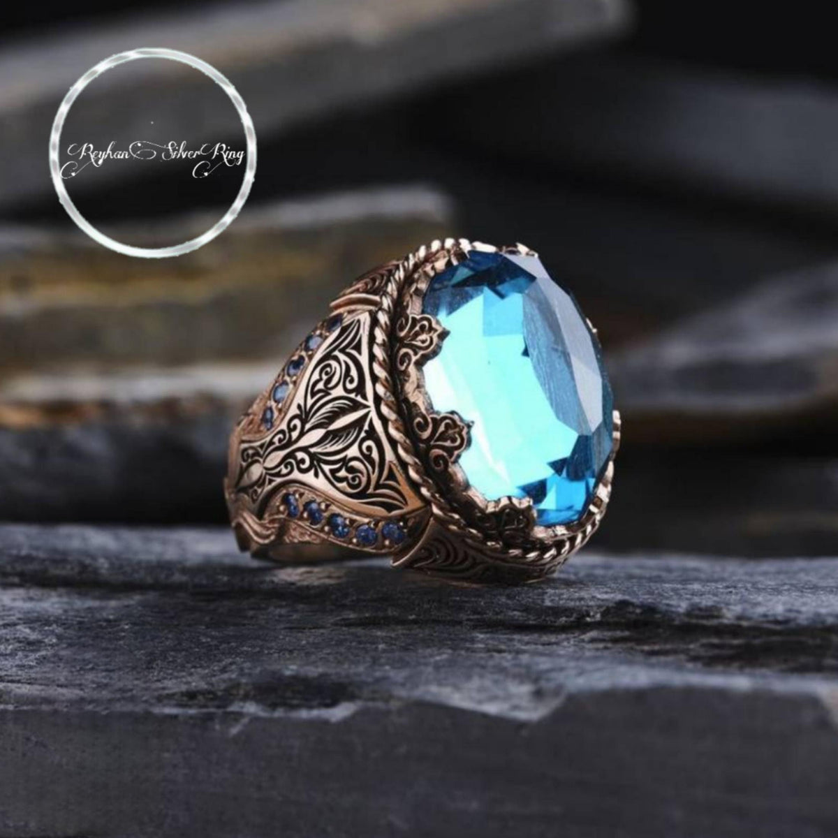 Seljuk Ring – Aquamarine & Turquoise Stones | 925 Silver