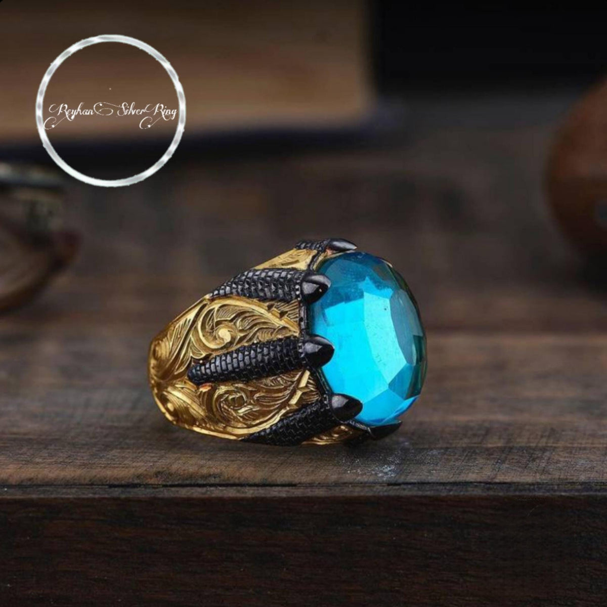 Aquamarine Ring – Gold Plated Cage Design | 925 Silver