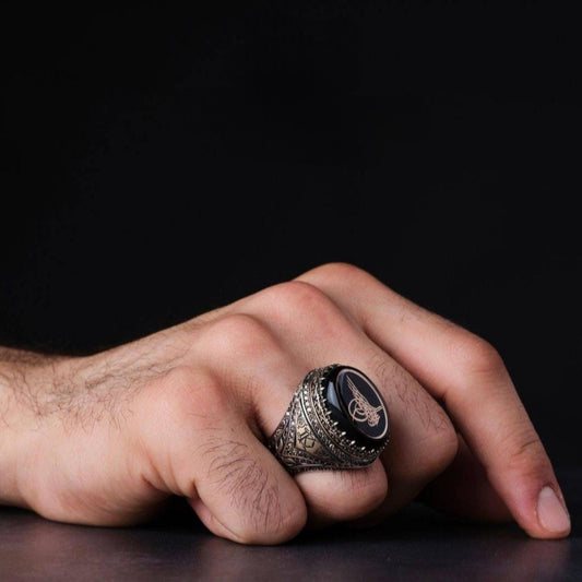 Ottoman Tughra Ring, Black Amber, Custom Initials – view 2