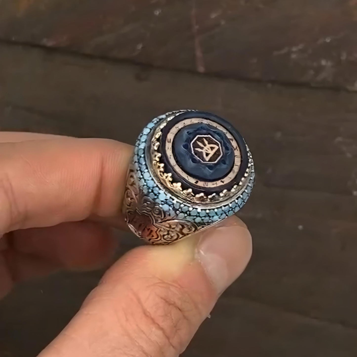 Oguz Khan Seal Ring 925 Silver Blue Amber 24 Tribes Handmade