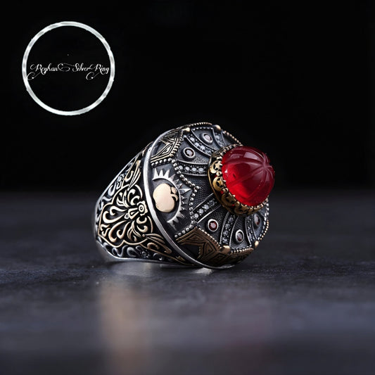 Otag Ring 925 Silver Red Onyx Bronze Ottoman Handmade Men
