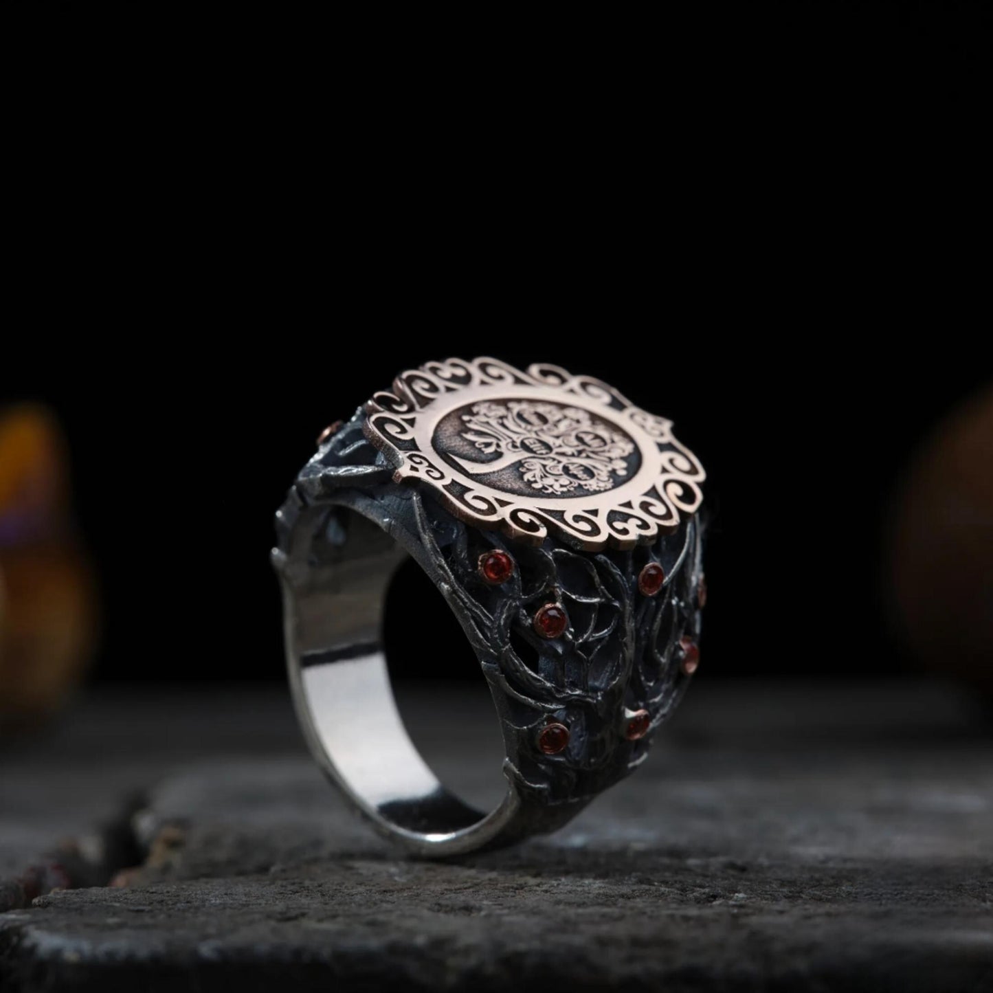 Family Tree Ring 925 Sterling Silver Red Stone Custom 4 Names Bark Texture Handcrafted