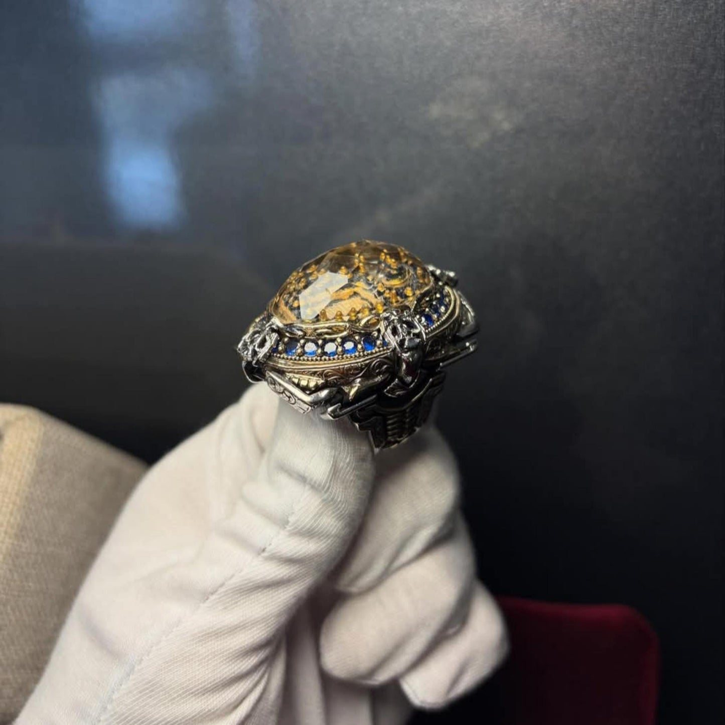 Handgeschnitzter Sultan-Ahmed-Moschee-Ring mit natürlichem Quarz – 925er Sterlingsilber