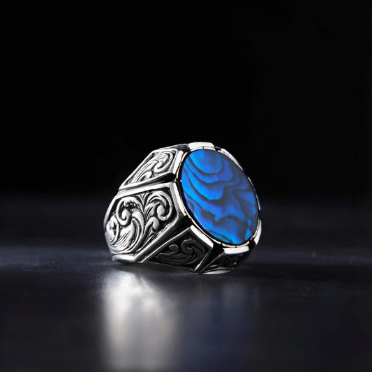 Blue Amber Ring 925 Sterling Silver Men Sea Inspired Handcrafted