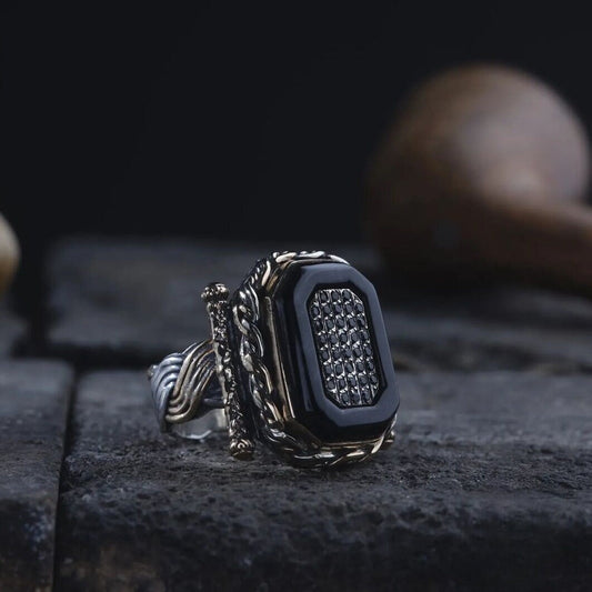 Black Onyx Knitting Pattern Ring 925 Sterling Silver Adjustable Handcrafted