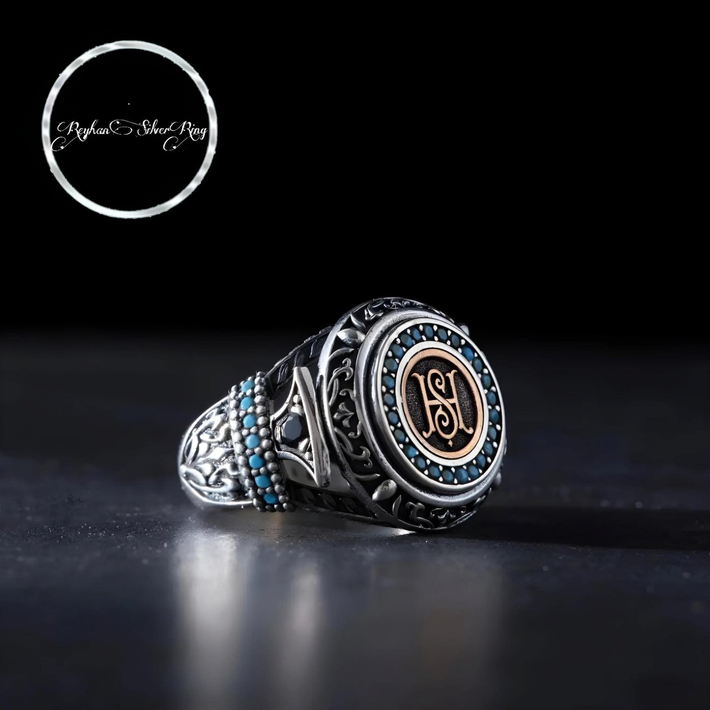 Personalisierter Sterlingsilberring: Initialen & Türkisstein
