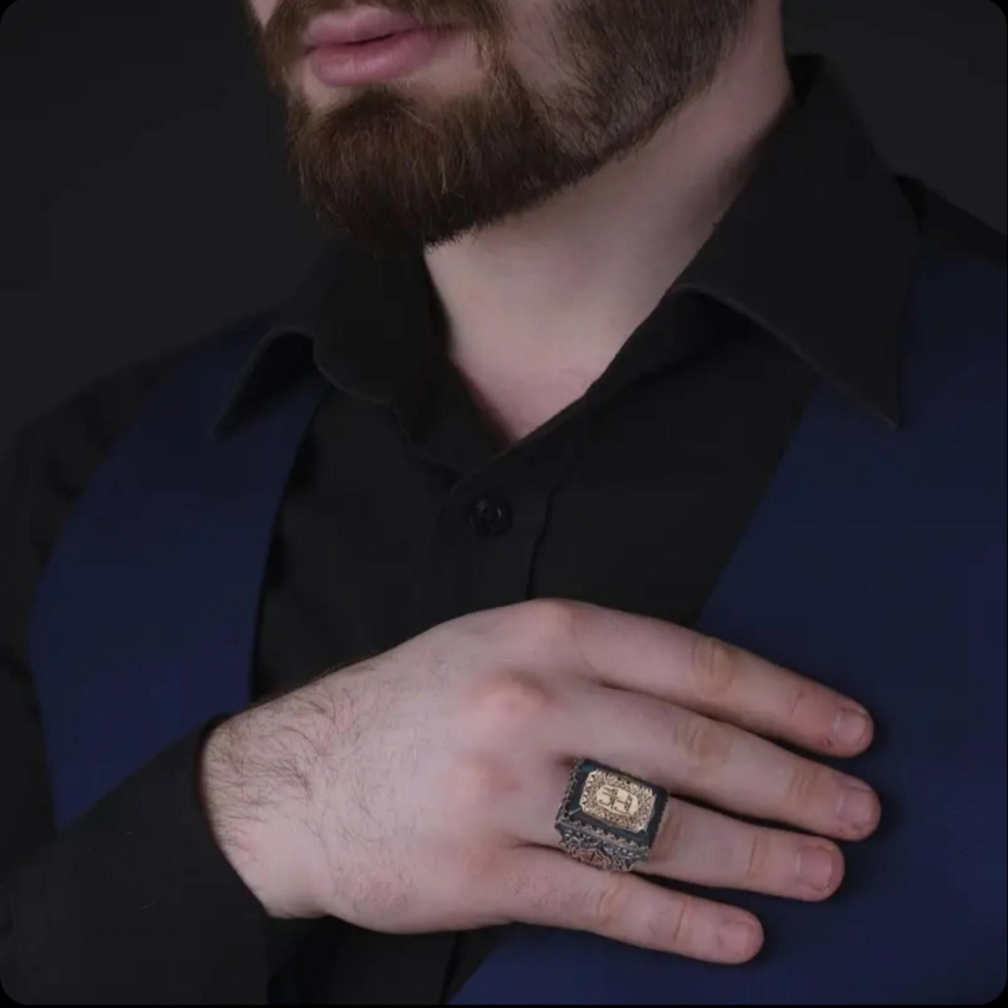 Blue Amber Ring – Arabic Vav & Elif Calligraphy | 925 Silver