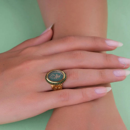 Islamic Calligraphy Ring – Green Zircon & Yellow Gold Plated 925 Silver | Women's Ring