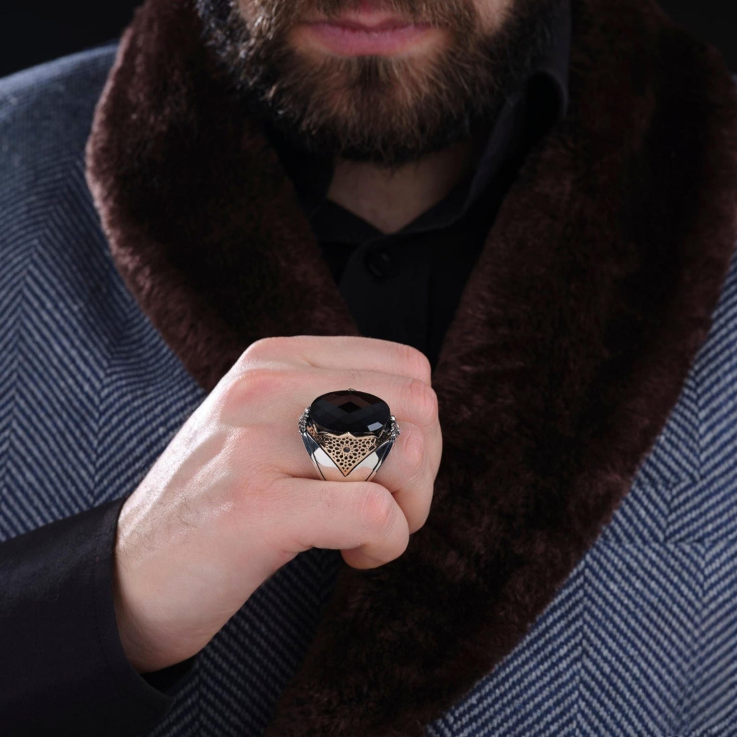 Seljuk Geometric Ring 925 Silver Large Zircon Stone Men