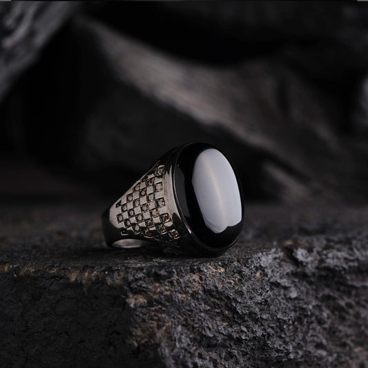 Black Onyx Ring 925 Sterling Silver Engraved Micro Stone Men Handcrafted