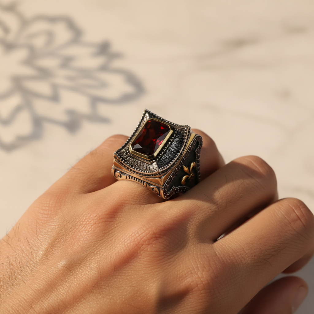 Ring aus Sterlingsilber mit Granat und Zirkon: Statement-Schmuck im osmanischen Stil